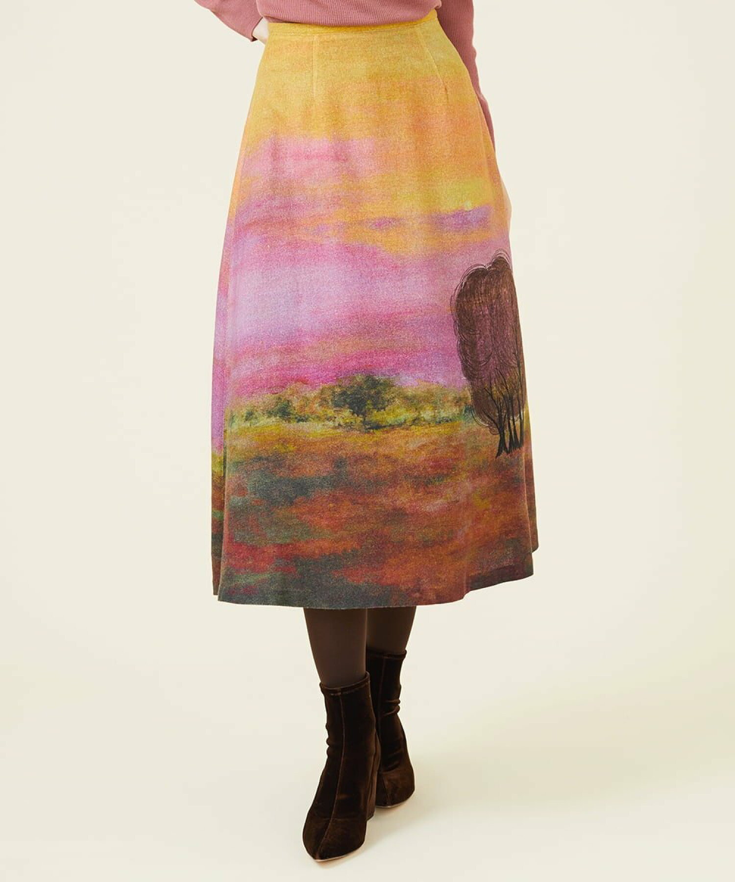 サンセットプリント刺繍ウールスカート